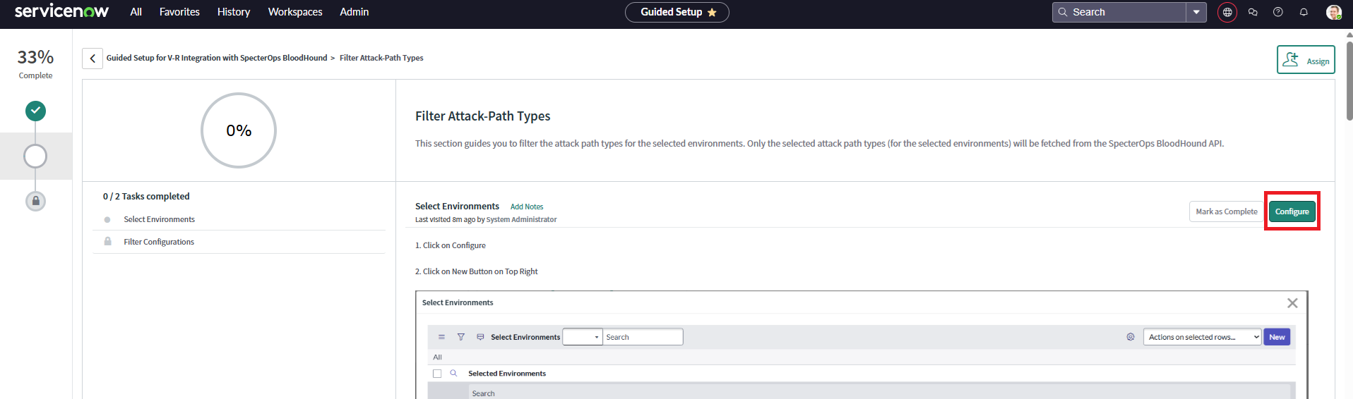 A view of the ServiceNow user interface showing the process of configuring attack path type filters for BloodHound Enterprise findings.